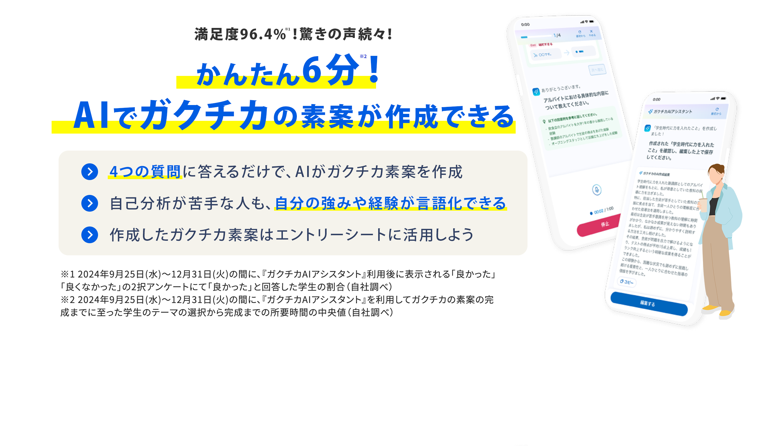 満足度96.4%※1！驚きの声続々！ かんたん6分※2！AIでガクチカの素案が作成できる 4つの質問に答えるだけで、AIがガクチカ素案を作成  自己分析が苦手な人も、自分の強みや経験が言語化できる 作成したガクチカ素案はエントリーシートに活用しよう ※1 2024年9月25日(水)〜12月31日(火)の間に、『ガクチカAIアシスタント』利用後に表示される「良かった」「良くなかった」の2択アンケートにて「良かった」と回答した学生の割合（自社調べ） ※2 2024年9月25日(水)〜12月31日(火)の間に、『ガクチカAIアシスタント』を利用してガクチカの素案の完成までに至った学生のテーマの選択から完成までの所要時間の中央値（自社調べ）