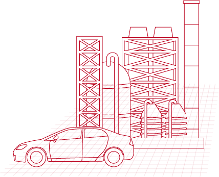 画像：グラフィックデザインで、赤のラインで車と煙突、パイプ、タンクがある工場が描かれている。